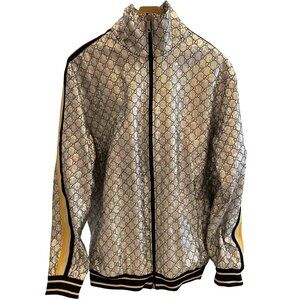 Gucci Monogram Metallic Gold Full-Zip Track Jacket With Striped Sleeves